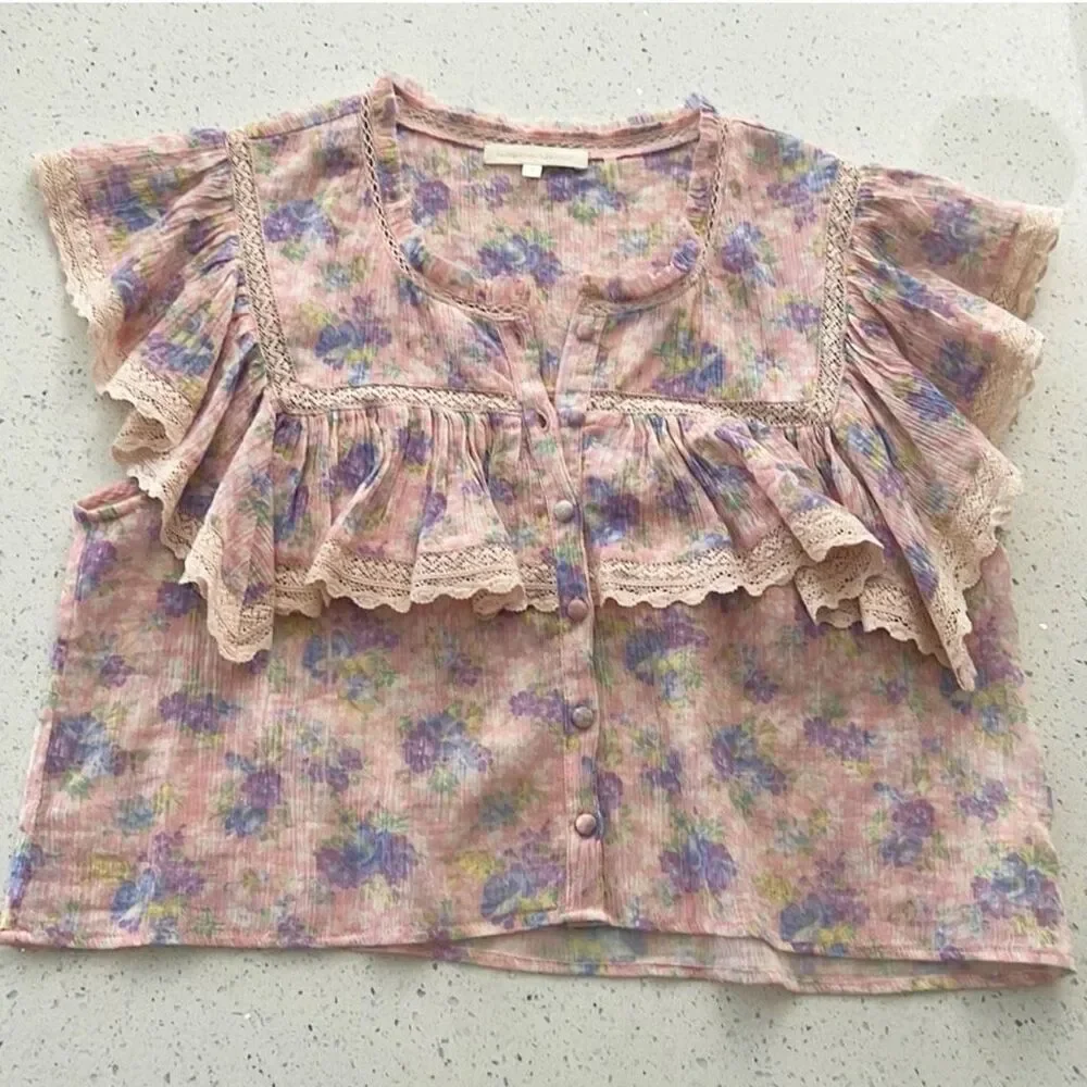 LOVESHACKFANCY Lanya Cherry Top Large Ruffle White Pink Embroidered Pink Tuscany